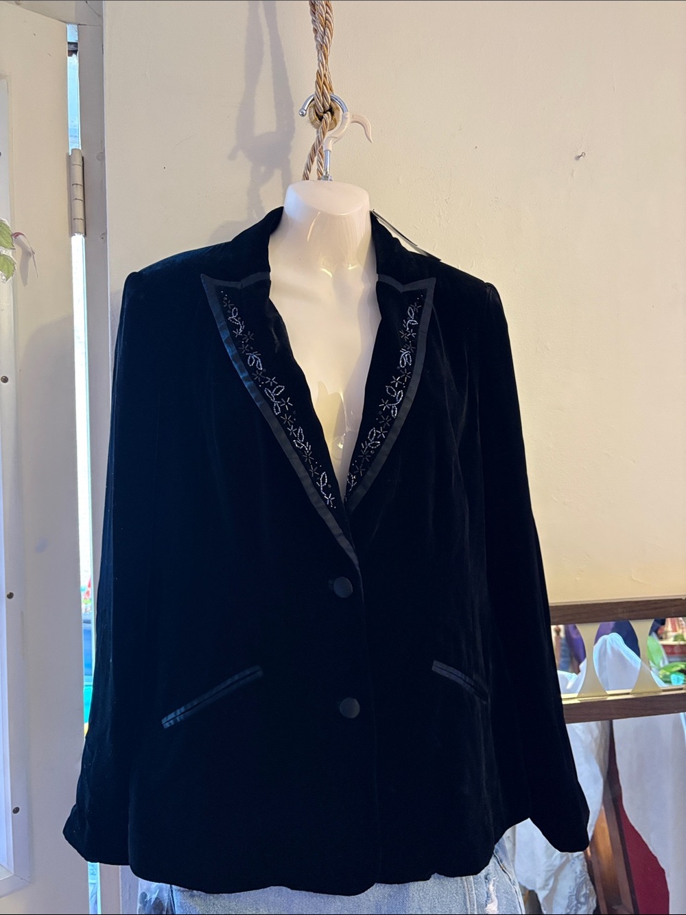 Laura Ashley Black Velvet Blazer with Floral-Embroidered Lapel